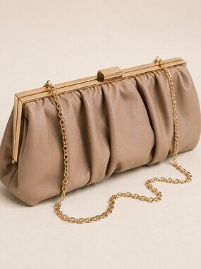 Jessica McClintock Taupe Ruched Clutch Gold Chain Evening Bag